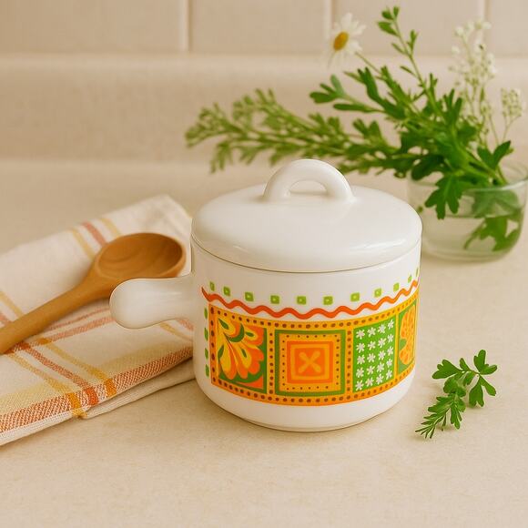 Vintage 1970s Avon Milk Glass Jar Unopened Candle Orange Green Yellow Mod Design - Picture 1 of 12